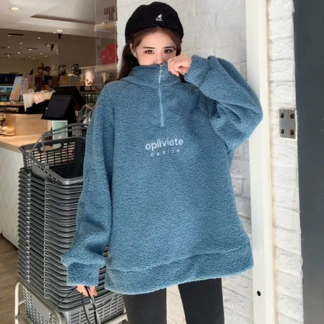 羊羔毛卫衣女2020秋冬宽松韩版ins慵懒风bf加绒加厚waitmore外套图片