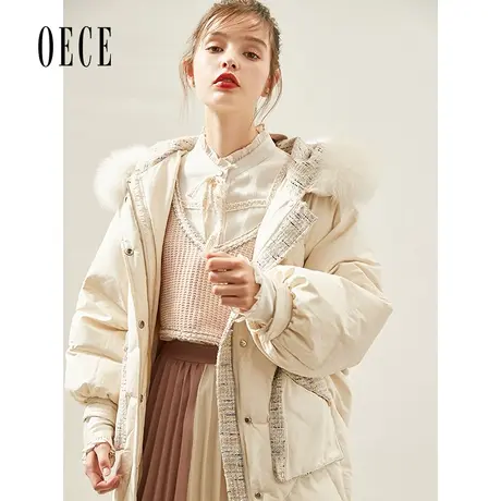 Oece冬新款女 复古小香风织花拼格大毛领连帽羽绒服图片