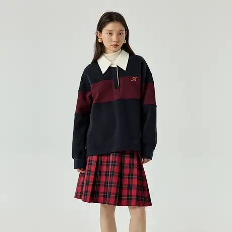 omont蛋挞家  复古撞色套头卫衣女秋冬新款慵懒宽松休闲上衣图片