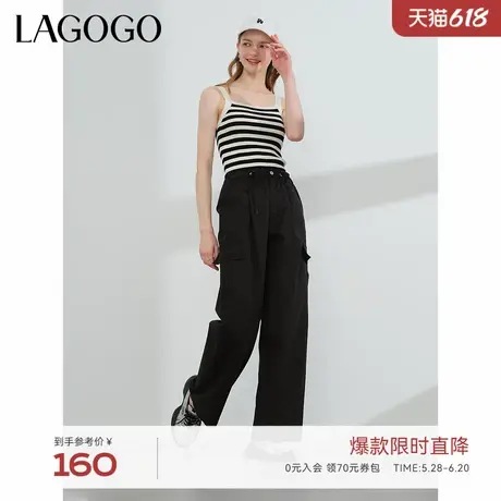 LAGOGO高级感黑色阔腿休闲裤女拉谷谷夏季新款高腰垂顺显瘦工装裤图片