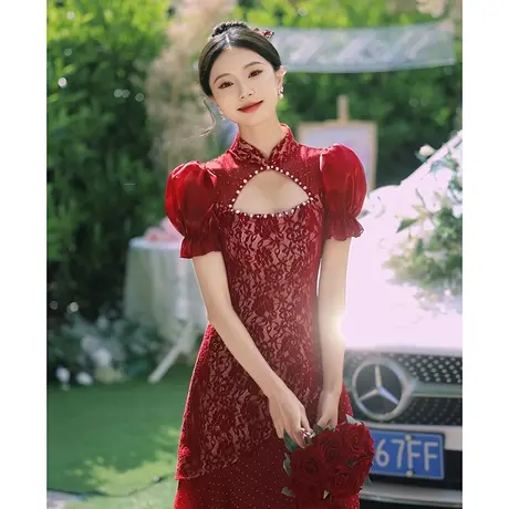 敬酒服2023新款新娘高级感订婚礼服蕾丝泡泡袖连衣裙法式设计感夏图片