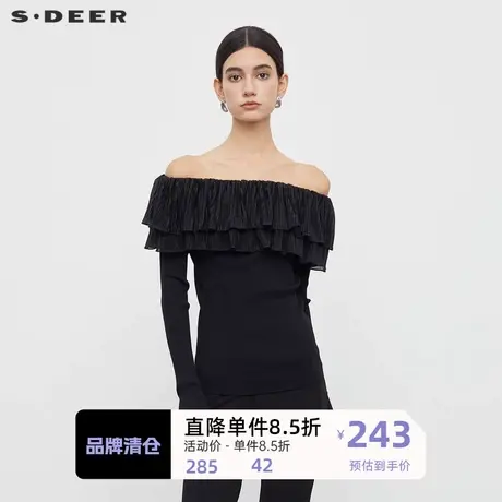 sdeer圣迪奥女装秋优雅圆领荷叶边修身打底针织衫S233D3502图片
