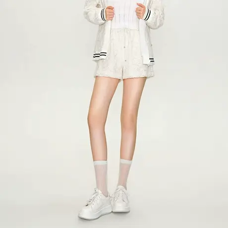 可可尼COCOON 商场同款春季优雅通勤女士抽绳重工蕾丝珠片A型短裤图片