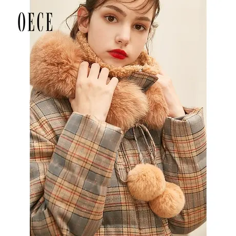 Oece秋冬新款女装 学院大气毛领带帽复古格纹中长款羽绒服图片