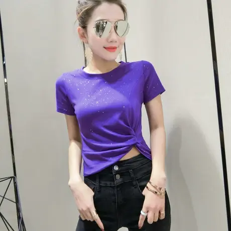 性感露脐T恤女短袖2023夏装新款修身短款上衣欧美时尚烫金丅恤潮图片