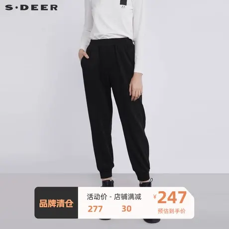 S·DEER圣迪奥女装松紧插袋灯芯绒拼接运动黑色长裤S21480814图片