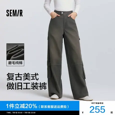 [商场同款]森马休闲裤女纯棉工装裤2025春新款美式做旧阔腿裤复古图片