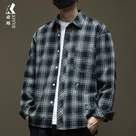希越休闲格子条纹衬衫男2024春秋美式百搭宽松大码男士翻领外套潮图片
