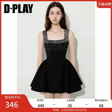 DPLAY2025年夏季新款黑色方领吊带收腰A字连衣裙女异型钻短裙图片