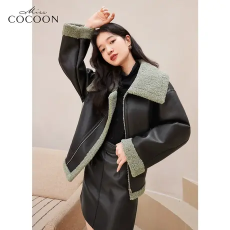 missCOCOON黑色外套女女2022新款冬装复古时尚短款皮衣仿皮草外套图片