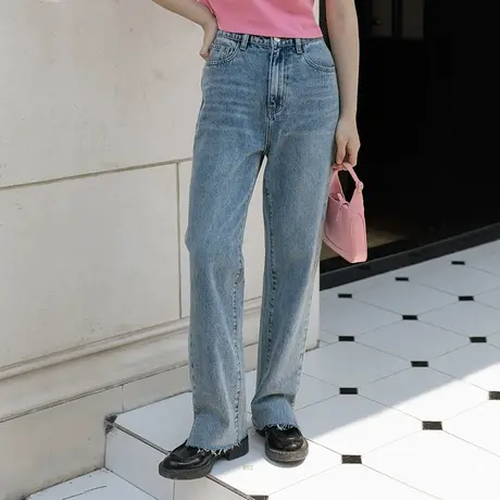 omont蛋挞家 复古毛边开叉显瘦牛仔裤女2022年新款高腰宽松直筒裤图片