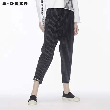 【预售】sdeer圣迪奥女黑白条纹松紧腰部不规则撞色裤子S18460886图片