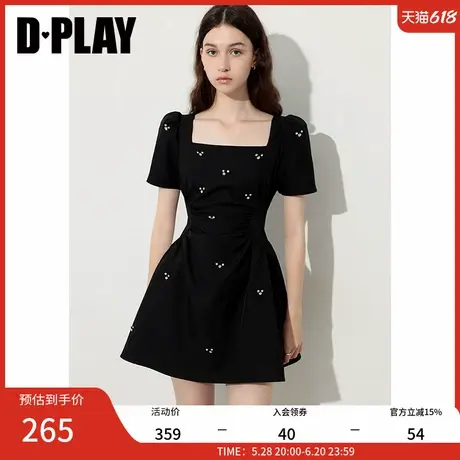 DPLAY2025年夏季新款黑色方领收腰连衣裙女包爪亮钻气质A字短裙图片