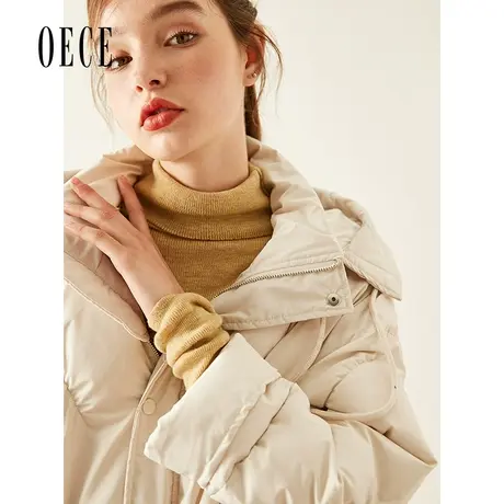 Oece秋冬新款女装 设计感学院减龄带帽中长款羽绒服图片
