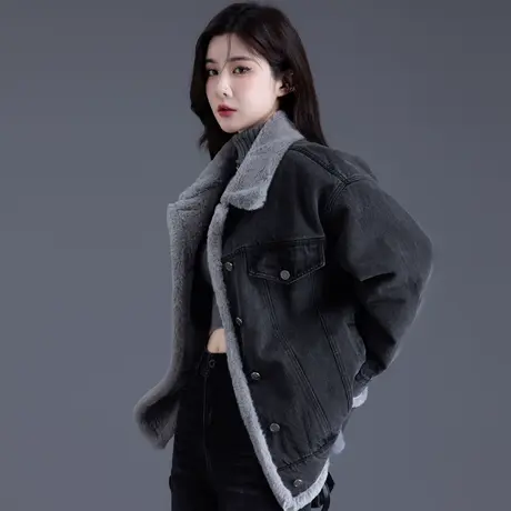 加绒牛仔外套女2023新款爆款洋气韩系慵懒风加厚宽松上衣棉袄棉服图片