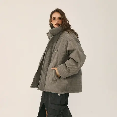 潮牌纯色立领棉服女加厚冬季外套2023新款复古宽松面包服保暖棉衣图片