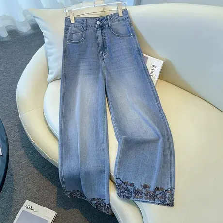 拉夏贝尔刺绣阔腿牛仔裤女夏薄款2025新款流行爆款复古九分直筒裤图片