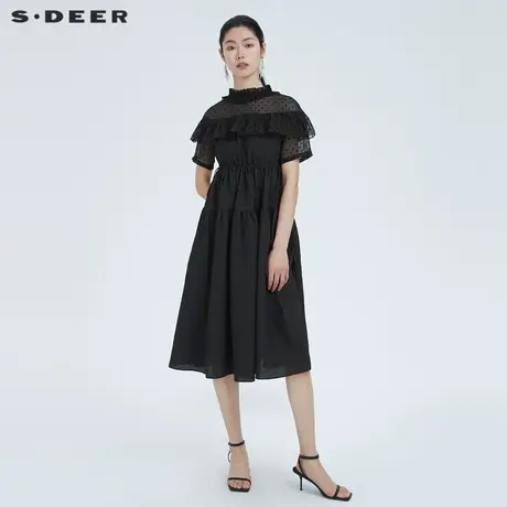 sdeer圣迪奥女装木耳边圆领波点收腰短袖连衣裙S22261226图片