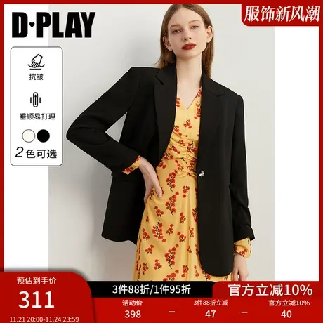 DPLAY秋装新通勤OL经典黑翻驳领异形金属扣堆堆袖西装外套图片