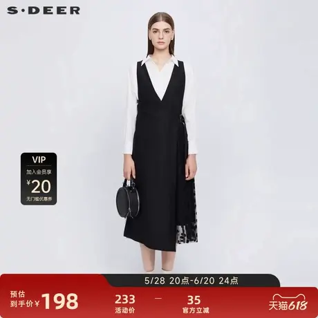 sdeer圣迪奥女装V领波点网纱收腰背带连衣裙S221Z1278图片