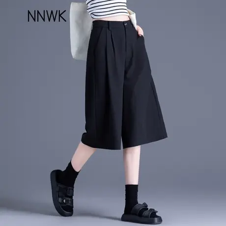黑色亚麻阔腿裤子女夏薄款2025新款高腰显瘦裙裤七分休闲西装中裤图片