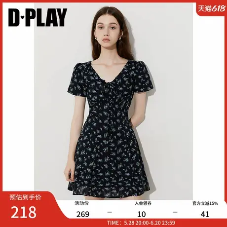DPLAY2025年夏季新款黑色印花V领泡泡袖荷叶边收腰气质连衣裙女图片