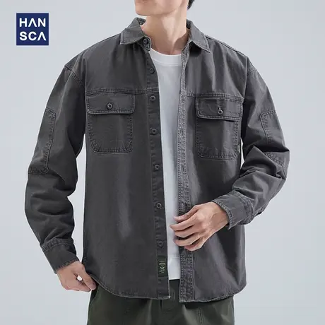 hansca纯棉工装衬衫男长袖青少年春季简约纯色休闲翻领开衫外套图片