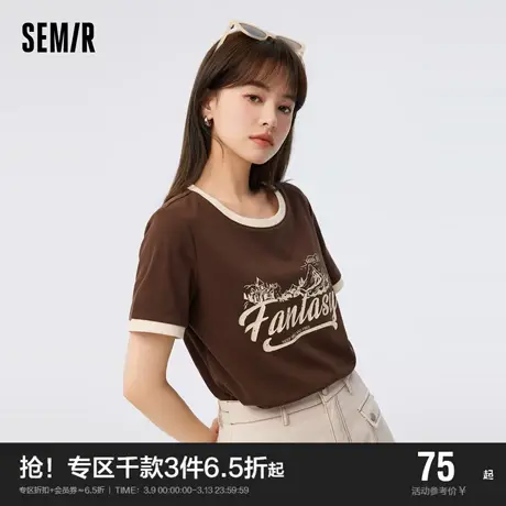 森马短袖T恤女设计感做旧印花衣服2023夏季新款撞色上衣复古潮流商品大图
