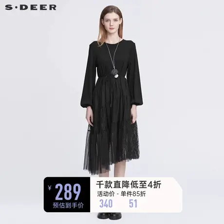 sdeer圣迪奥春秋装圆领收腰网纱蕾丝灯笼袖连衣裙S22181207图片