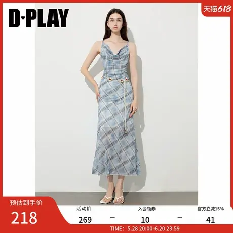 DPLAY2025年夏季新款蓝色印花荡领系带收腰吊带裙女时尚气质长裙图片