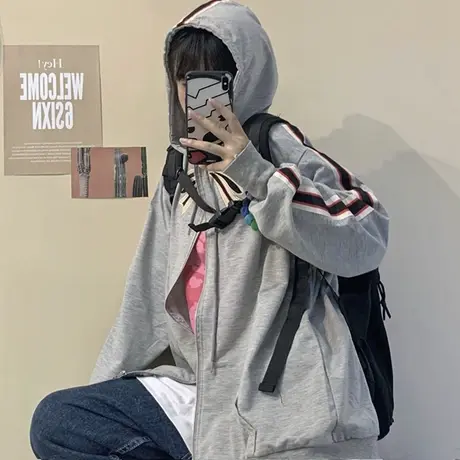 waitmore连帽卫衣女2020春秋薄款宽松韩版bf慵懒风开衫外套潮ins图片