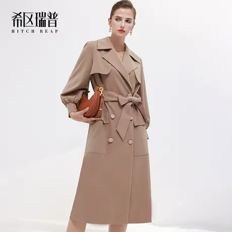 希区瑞普法式英伦西装领双排扣系带收腰灯笼袖风衣外套女新款图片