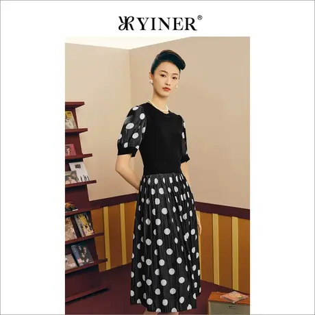 【1996系列】YINER音儿女装夏季法式压褶黑白波点连衣裙图片