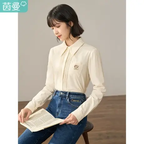 【商场同款】茵曼冬装新款文艺撞色章仔绣花灯芯绒长袖衬衫女图片