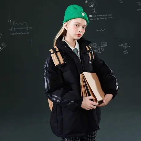唐狮冬季新款黑色羽绒服女韩版立领拼接仿羔毛外套时尚潮图片