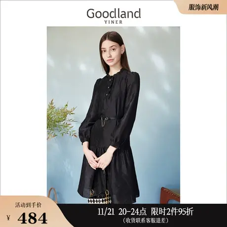 Goodland美地女装2023春季荷叶边小立领廓形连衣裙气质图片