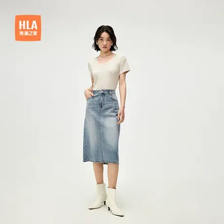 HLA/海澜之家修身牛仔半裙25春夏新款开叉微弹通勤休闲时尚裙子女图片