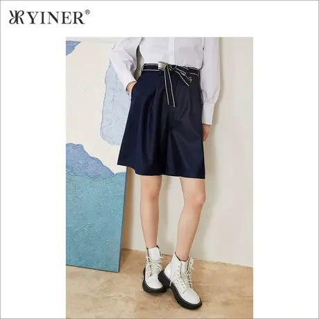 YINER音儿商场同款女装2021秋季新款撞色腰带阔腿休闲短裤图片