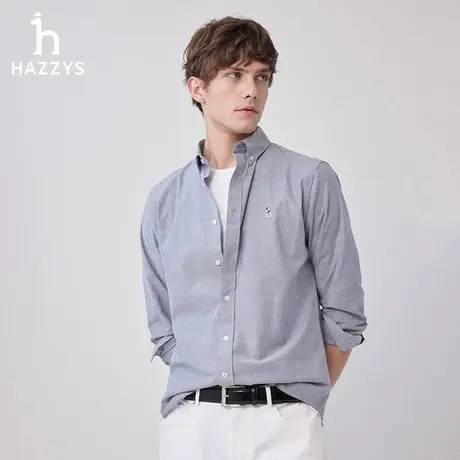 Hazzys哈吉斯春秋季男士休闲衬衫长袖上衣纯色舒适衬衣外套潮图片