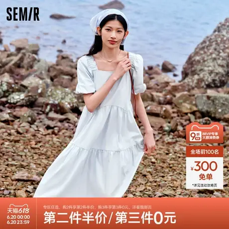 森马连衣裙女温柔系木耳边方领2024夏季新款泡泡袖娃娃裙甜美可爱图片