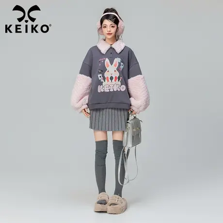 KEIKO 撞色polo领卫衣外套2023秋冬慵懒风羊羔毛拼接加厚宽松上衣图片