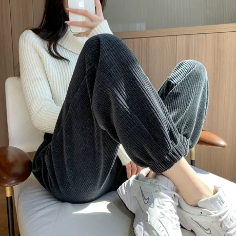 雪尼尔灯芯绒裤子女2023新款加厚加绒束脚运动裤女休闲哈伦裤卫裤图片