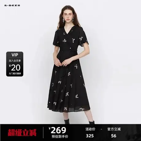 【新品上新】sdeer圣迪奥女装V领风琴褶绣花收腰连衣裙S242Z12R3图片