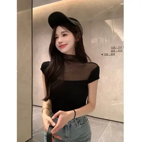 t恤女短袖韩版设计感小众纯欲夏款网纱气质女装夏季辣妹紧身上衣图片
