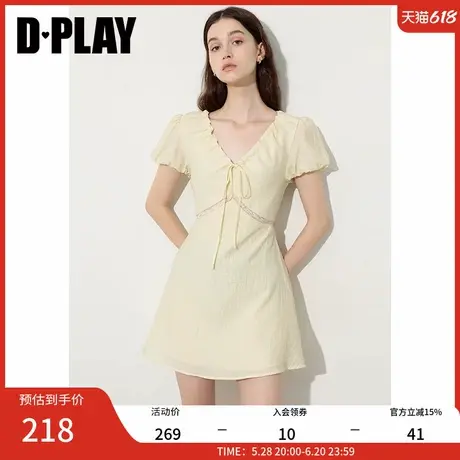 DPLAY2025年夏季新款黄色V领泡泡袖收腰连衣裙女蕾丝A字短裙图片