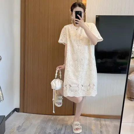 爵莱菲大码胖mm唯美浪漫重工盘花刺绣显瘦气质中长款连衣裙女夏图片