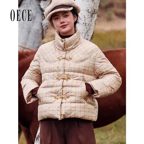 Oece冬新款女复古格纹减龄短款外套小个子羽绒服图片