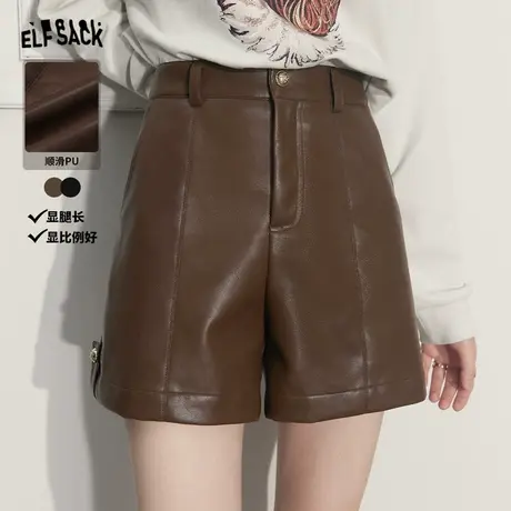 妖精的口袋美拉德直筒皮裤女2024春秋新款小个子高腰显瘦休闲短裤图片