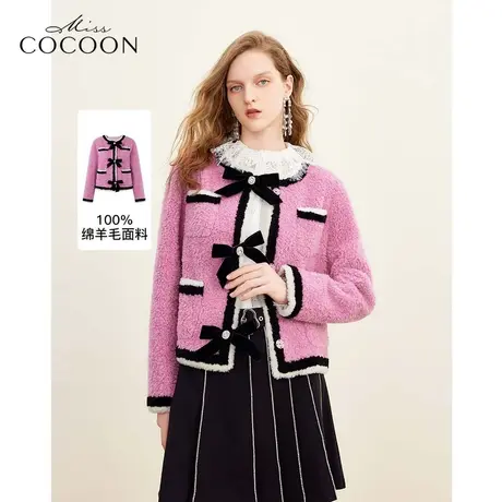 MISSCOCOON千金玛德琳2023冬季新女搭撞色复古蝴蝶结绵羊毛皮草图片