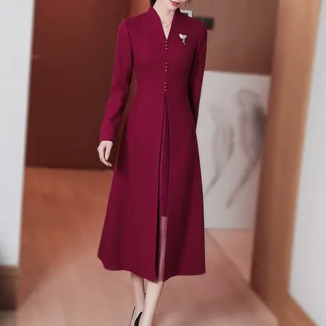 秋冬季女2023新款毛呢连衣裙红色喜婆婆收腰婚礼服修身显瘦A字裙图片